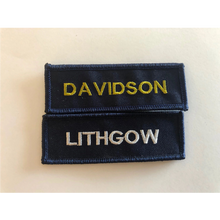 Load image into Gallery viewer, Navy blue embroidered name patch, 90mm x 30mm, sew-on backing