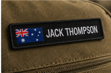 Load image into Gallery viewer, Close-up of embroidered flag name patch with Velcro backing