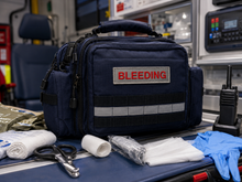 Load image into Gallery viewer, First aid kit labeled 'BLEEDING' on a medical tray with supplies in an ambulance setting.
