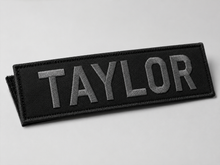 Load image into Gallery viewer, Custom Platatac Duty Bag patch, grey text on black background
