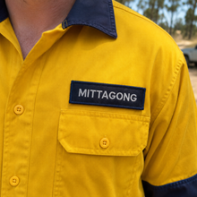 Load image into Gallery viewer, Navy blue name patch with gold embroidered text
