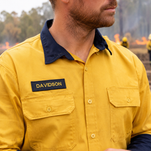 Load image into Gallery viewer, Navy blue name patch with yellow embroidered text
