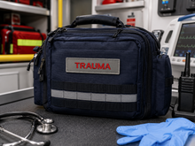 Load image into Gallery viewer, Navy blue trauma bag with 'TRAUMA' label on a medical setting background
